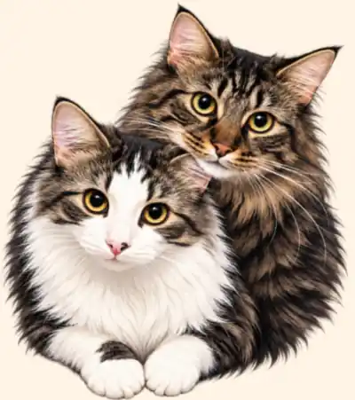 Illustrated portrait of BoBo, a dark tabby, and Seaweed, a fluffy cat with a white chest