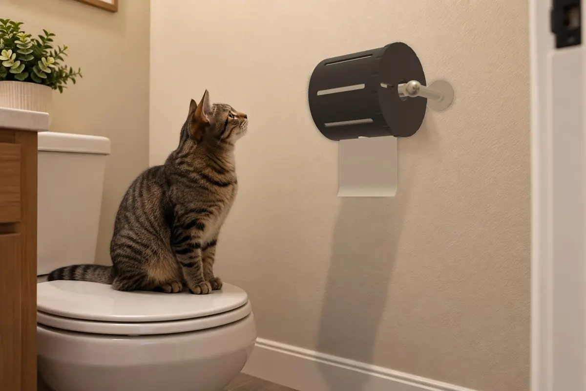 Black Toilet Paper Protector on a wall holder while a tabby cat sits on the toilet staring at it