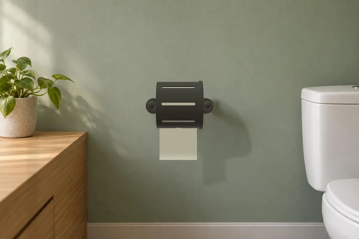 Black Toilet Paper Protector on a pivoting bar holder against a green wall