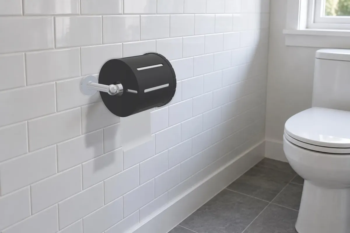 Black Toilet Paper Protector on a single-post holder in a white tiled bathroom