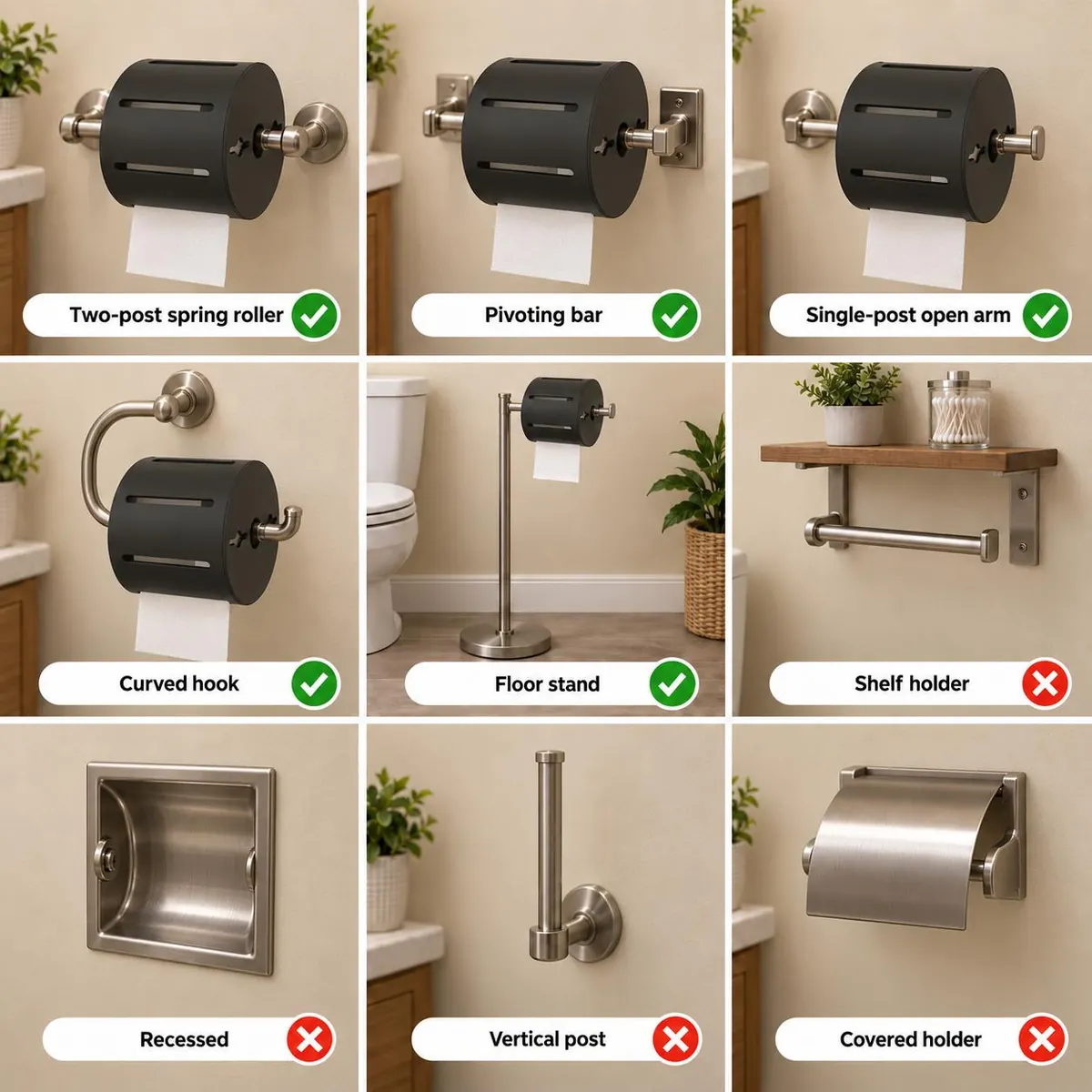 Fit chart of holder types: works with two-post spring roller, pivoting bar, single-post open arm, curved hook and floor stand; not shelf, recessed, vertical post or covered holders