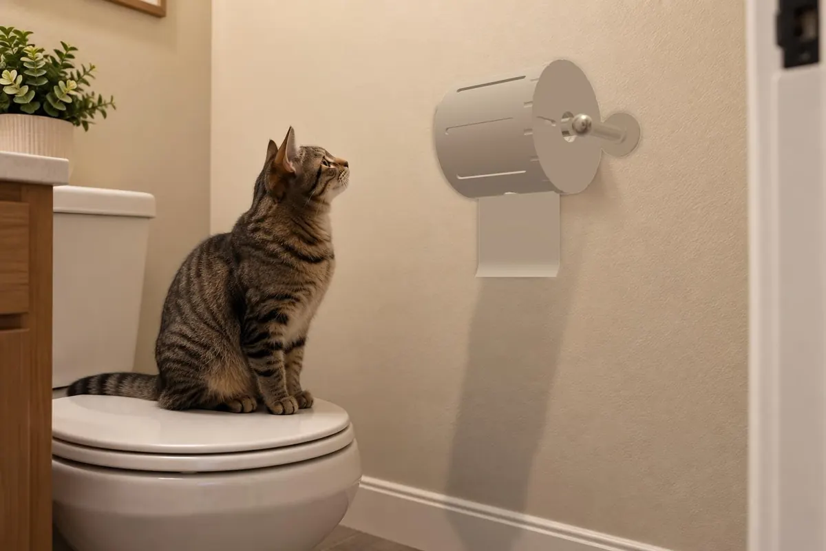 Off-white Toilet Paper Protector on a wall holder with a tabby cat watching from the toilet seat