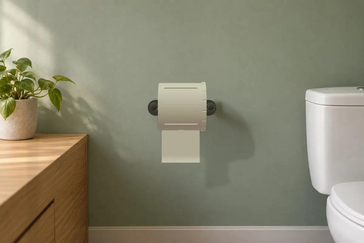 Off-white Toilet Paper Protector on a pivoting bar holder against a green wall, paper hanging from the slot