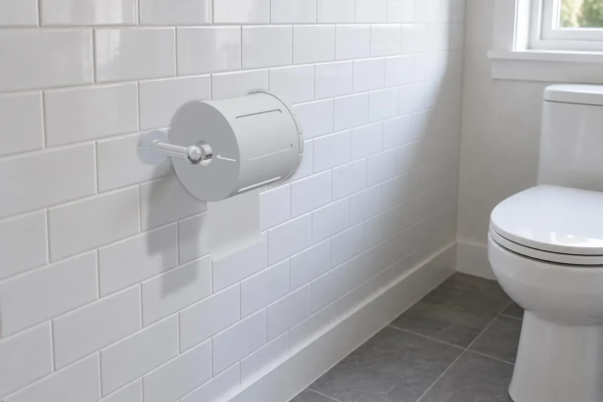 Off-white Toilet Paper Protector on a single-post holder in a white tiled bathroom